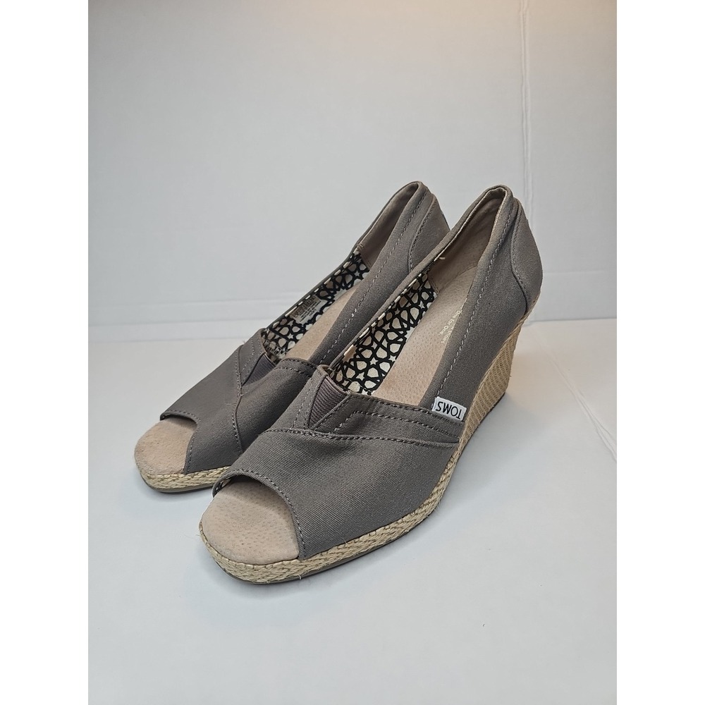 TOMS Gray‎ Canvas Wedge Peep Toe Size 9